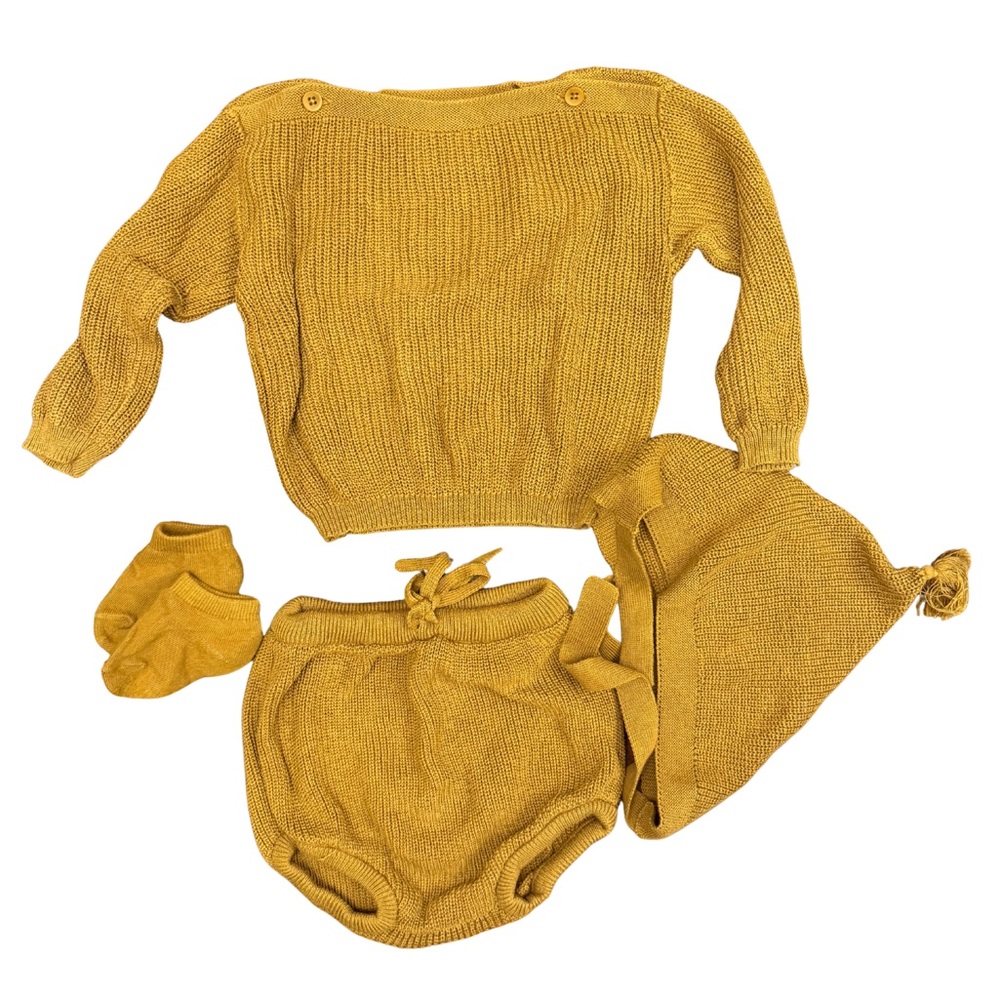 Cozy Knit Kids Matching Set in Mustard – Sweater, Bloomers & Bonnet